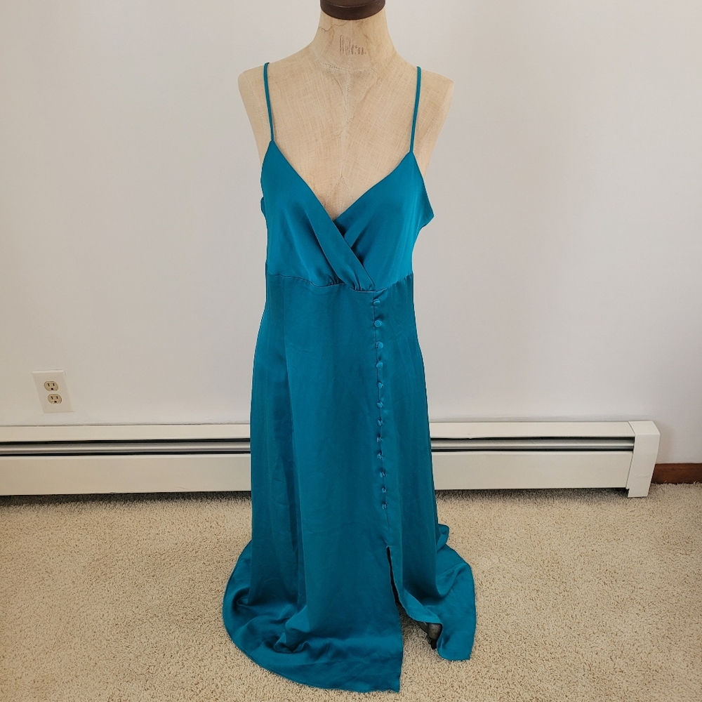 Maison Tara Teal Button Front Slip Dress 90s Minimalist Cocktail 8 View 2